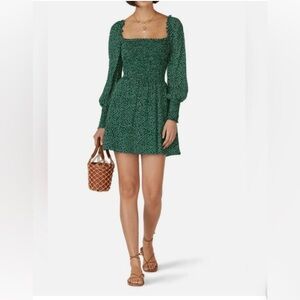 Reformation S green floral Kelli Wyoming long sleeve mini dress smocked bodice